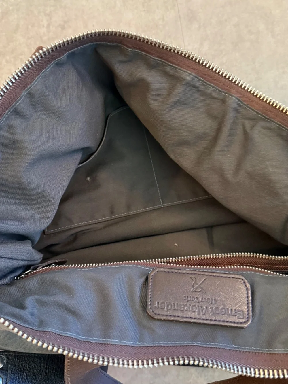 Ernest Alexander Varick gray twill canvas briefcase, dark brown leather